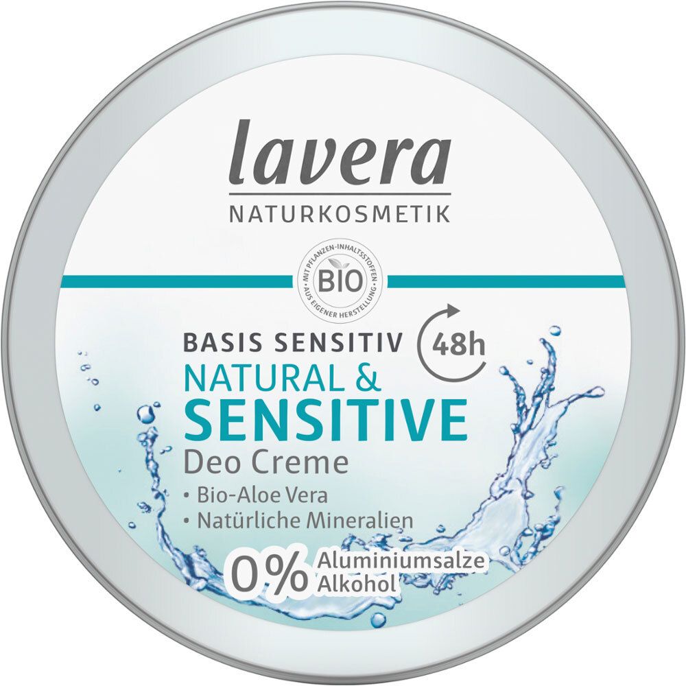 Pot rond de crème déodorante lavera. Couvercle avec logo et nom du produit. 0% sels d'aluminium. Label bio.