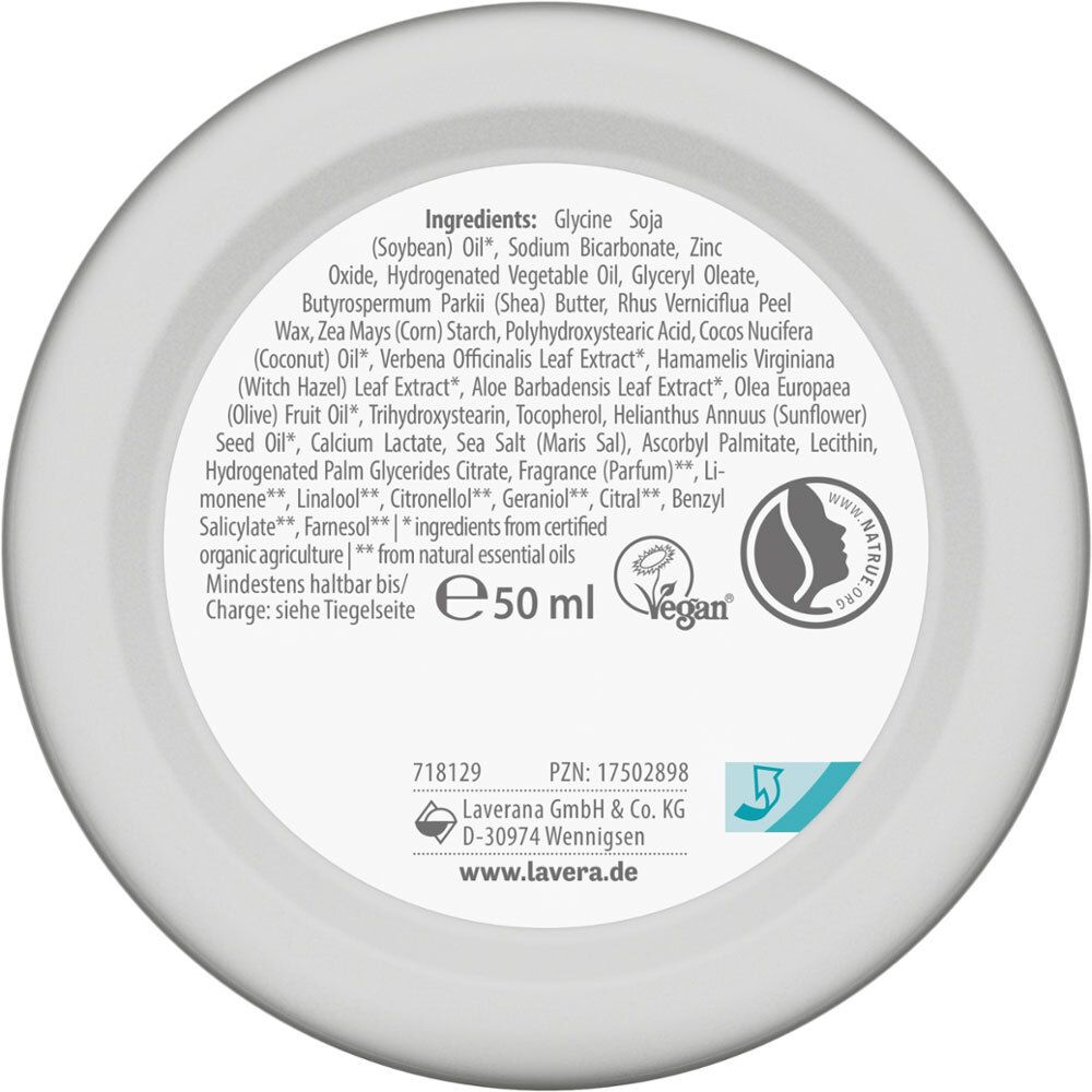 Dos du pot avec ingrédients, label Vegan, informations fabricant et numéro de lot.
