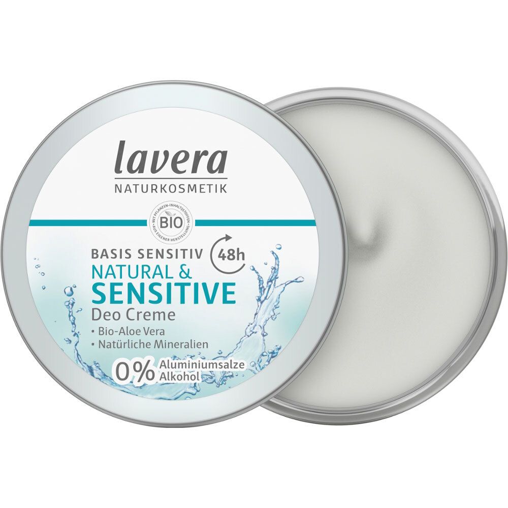 Pot de crème déodorante lavera ouvert. Texture crème visible. Couvercle avec logo et nom du produit.