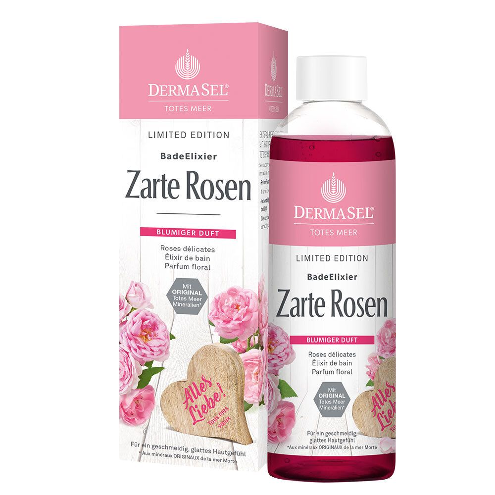DERMASEL BadeElixir Zarte Rosen. Flacon et emballage. Étiquette rose, décor de roses. "Limited Edition".