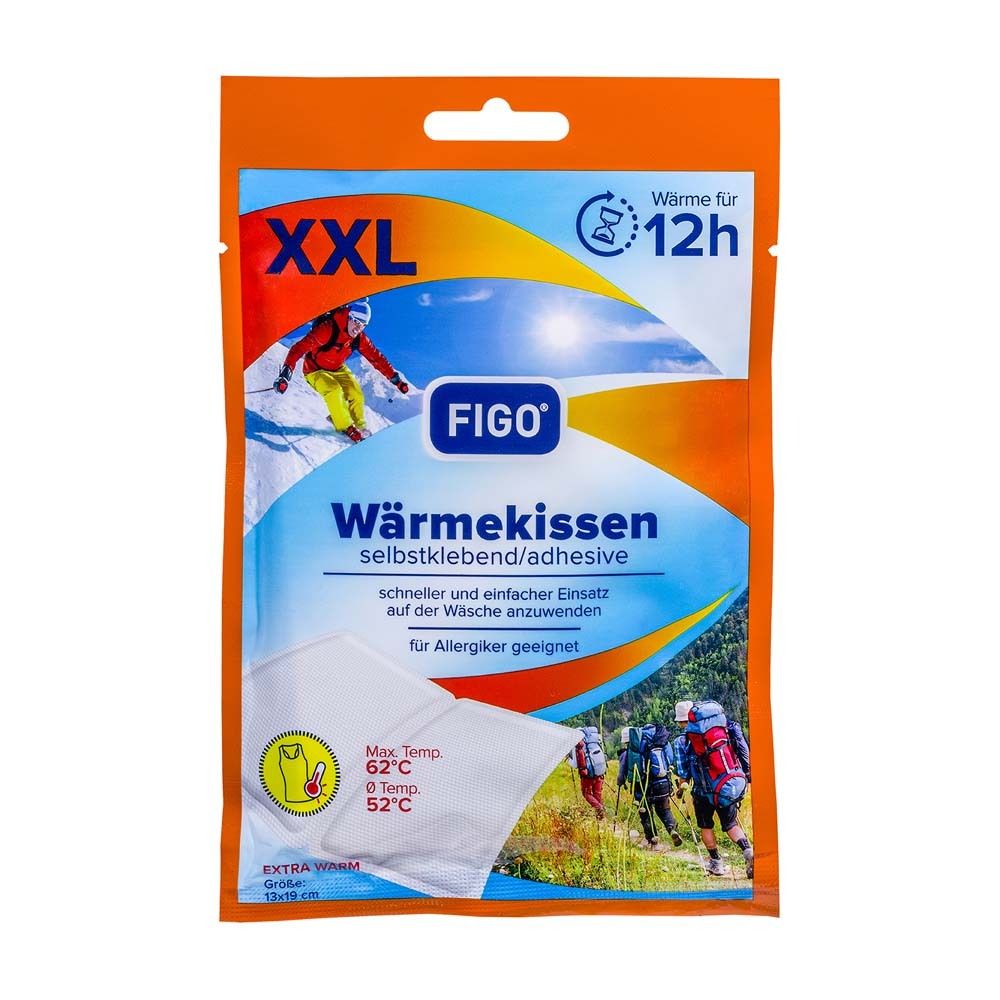 Emballage de coussin chauffant FIGO. Taille XXL, autocollant. Informations sur la température et la durée d'utilisation. Convient aux personnes allergiques.