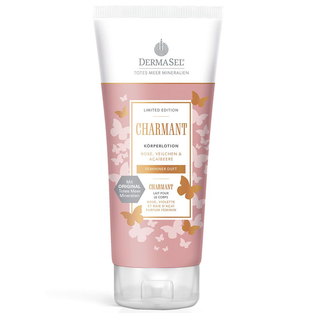 Tube de lotion pour le corps rose et blanche, avec nom du produit et motif papillon. Texte : "Charmant Körperlotion".