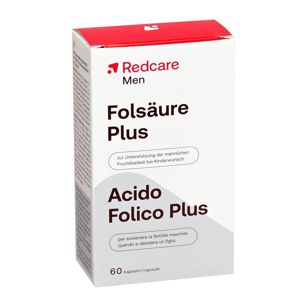 Emballage Redcare Folsäure Plus Men, face avant avec informations produit.