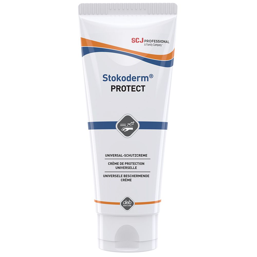 Tube blanche avec bandes orange et bleues. Inscription: Stokoderm® PROTECT. Texte: Crème de protection universelle.