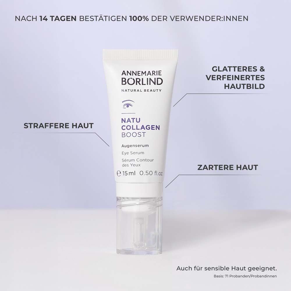 Tube blanc avec texte violet. Contient un sérum pour les yeux. Marque : ANNEMARIE BÖRLIND. Texte : peau plus ferme.