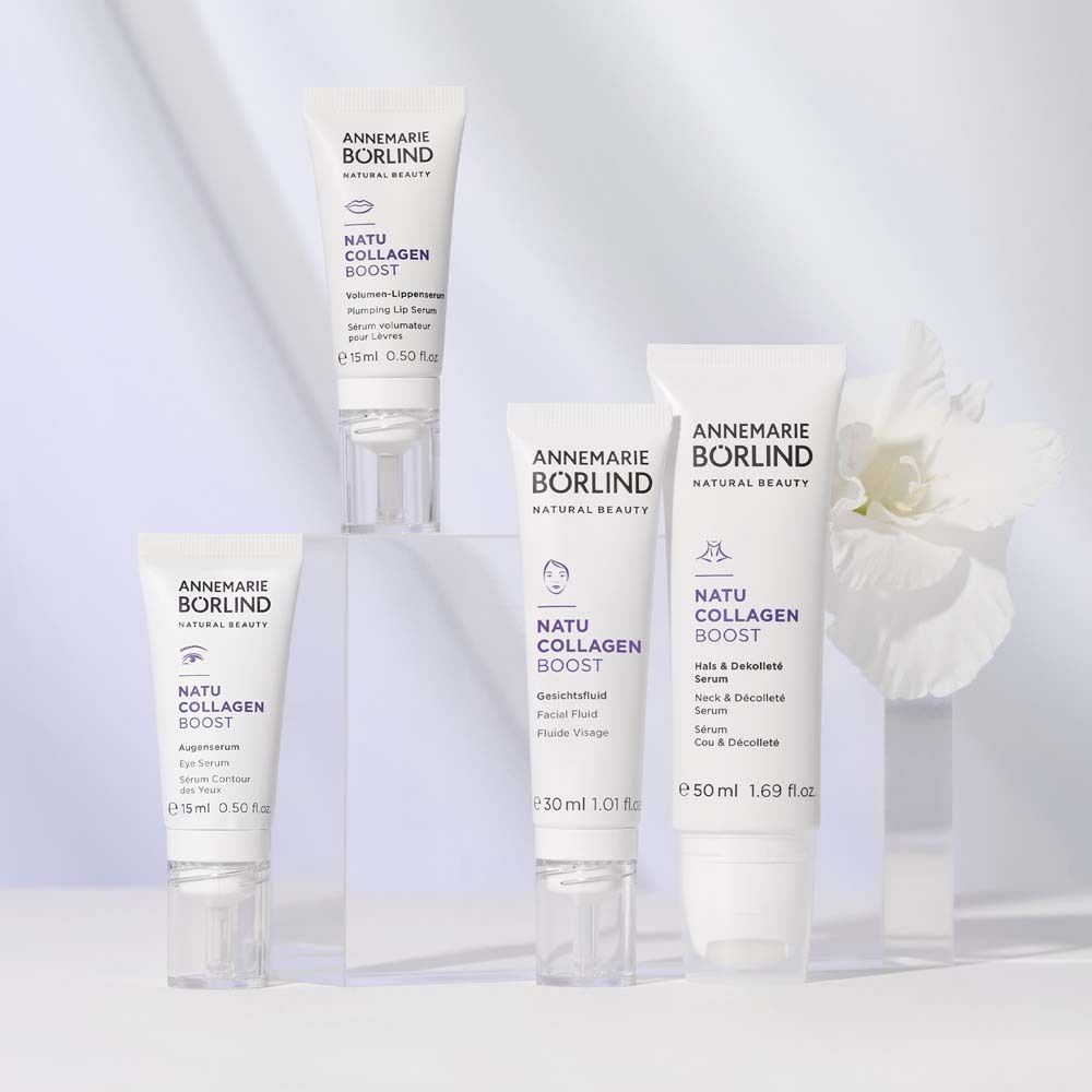 Quatre produits. Marque : ANNEMARIE BÖRLIND. Produits : sérum yeux, fluide visage, crème visage.
