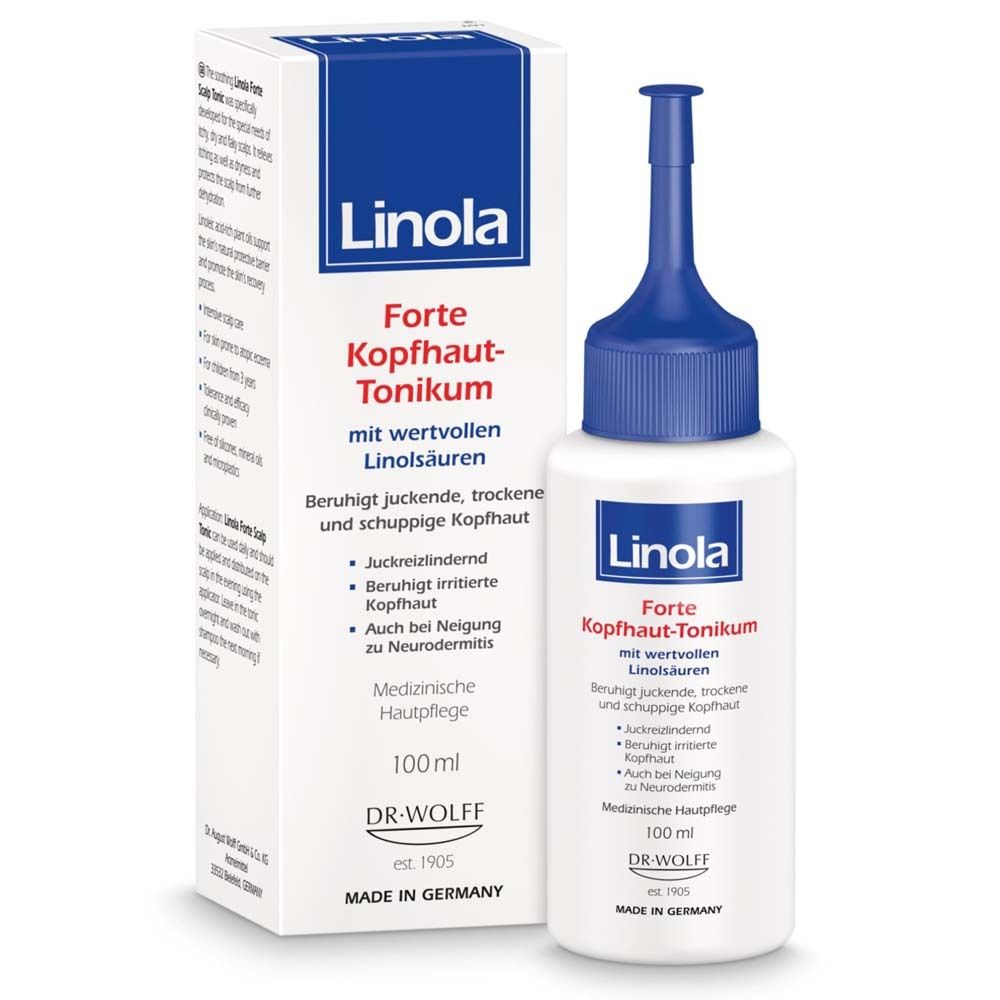 Flacon et boîte Linola Forte Tonique pour le cuir chevelu, 100ml.