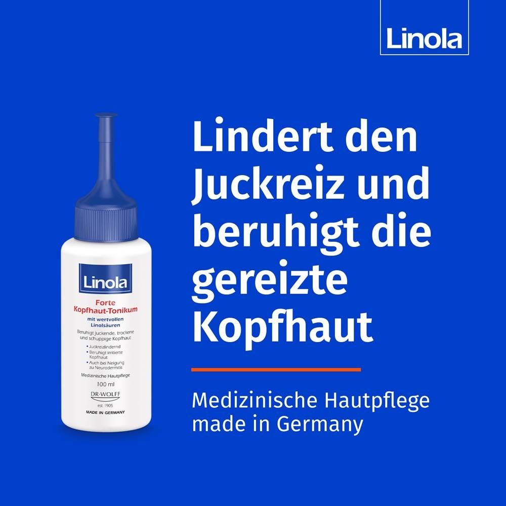 Flacon Linola Forte Tonique pour le cuir chevelu sur fond bleu avec texte.