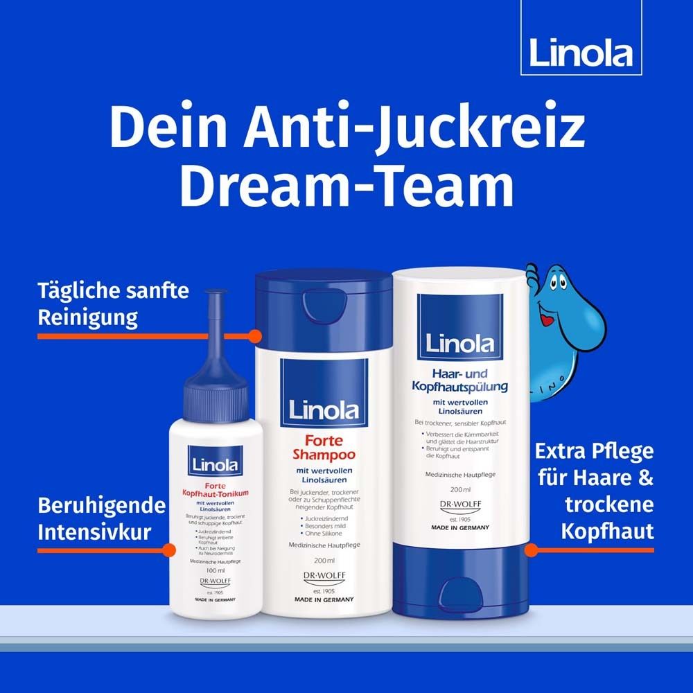 Gamme Linola Forte: Shampooing, Tonique et Après-shampooing pour cuir chevelu sec.