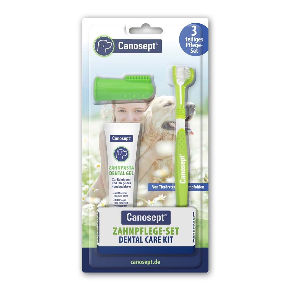 Canosept Kit de soins dentaires pour chiens. Contient dentifrice, brosse à dents doigt et brosse à dents. Emballé en blister.