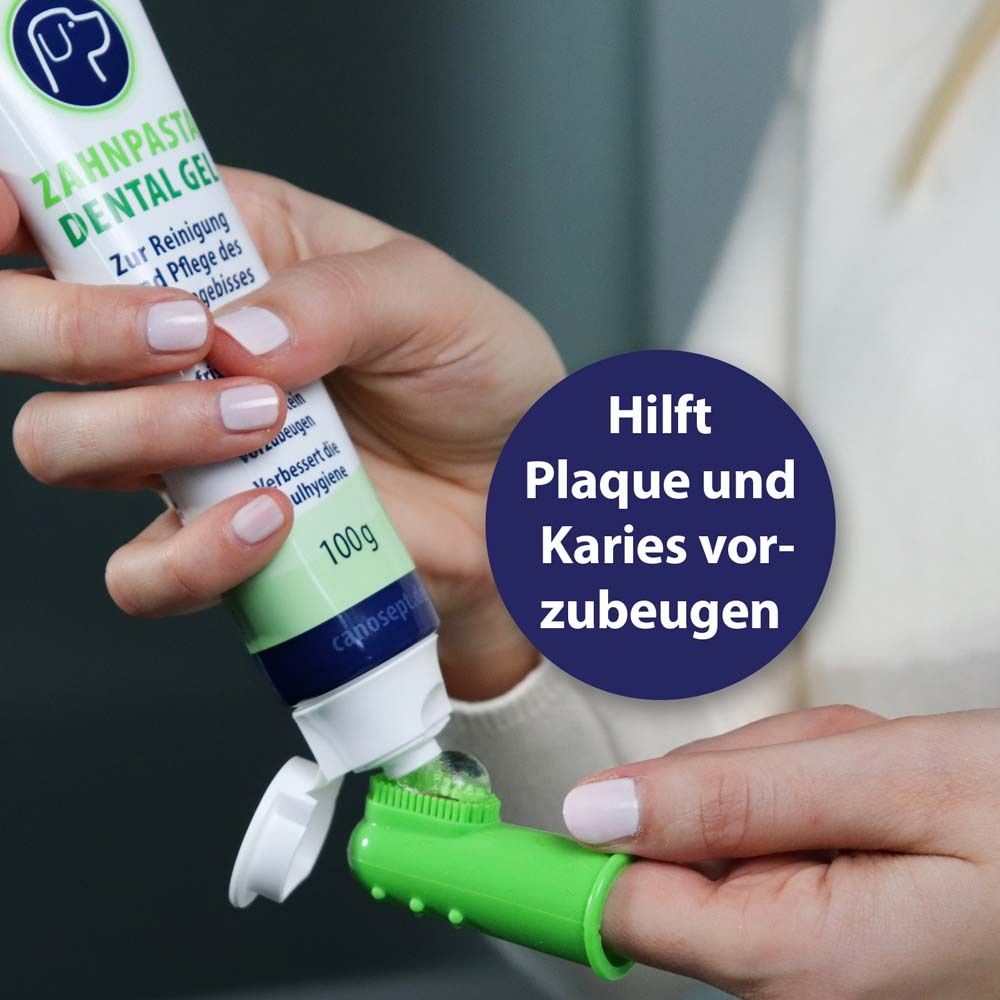 Dentifrice et brosse à dents doigt. Texte : Aide à prévenir la plaque et les caries. Tube de 100g.