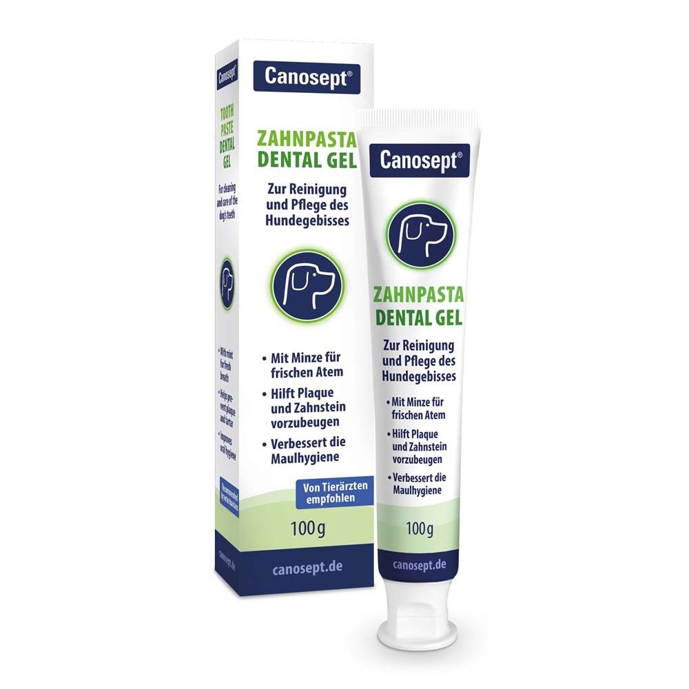 Canosept® Gel dentaire pour chiens. Tube et emballage. Contient 100g. Avec logo chien.