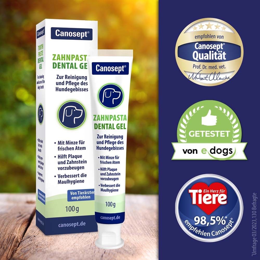 Canosept® Gel dentaire pour chiens. Tube et emballage. Avec labels de qualité et logo.