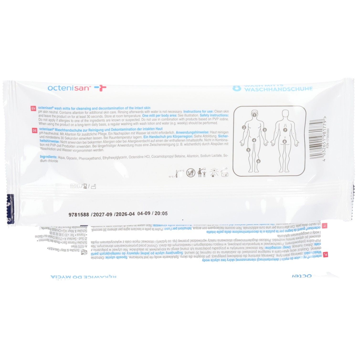 Arrière de l'emballage des gants de lavage octenisan® avec instructions et ingrédients.
