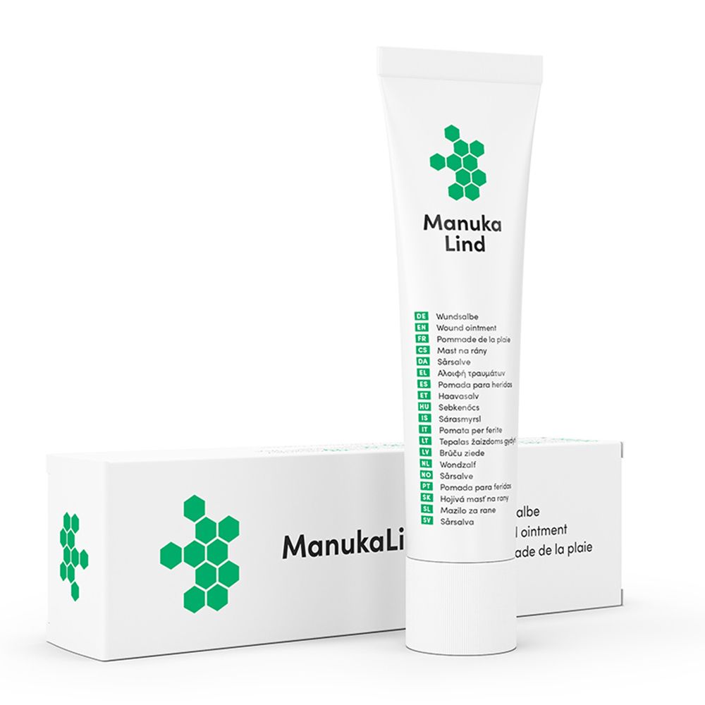 Tube et boîte ManukaLind. Design vert et blanc. Inscription : Pommade de la plaie.