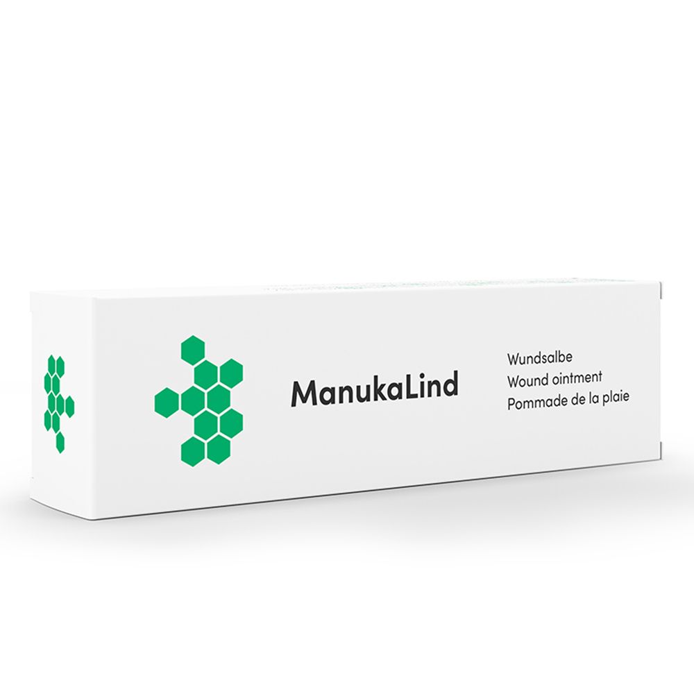 Boîte blanche avec logo ManukaLind et inscription Pommade de la plaie.
