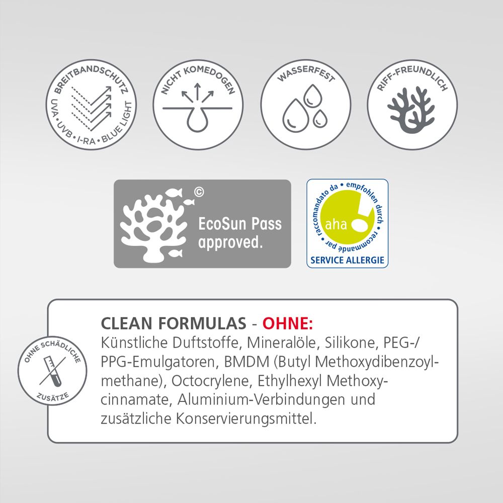 Logos et texte sur fond gris. Logos: UVA, non comédogène, résistant à l'eau, respectueux des récifs, EcoSun Pass.