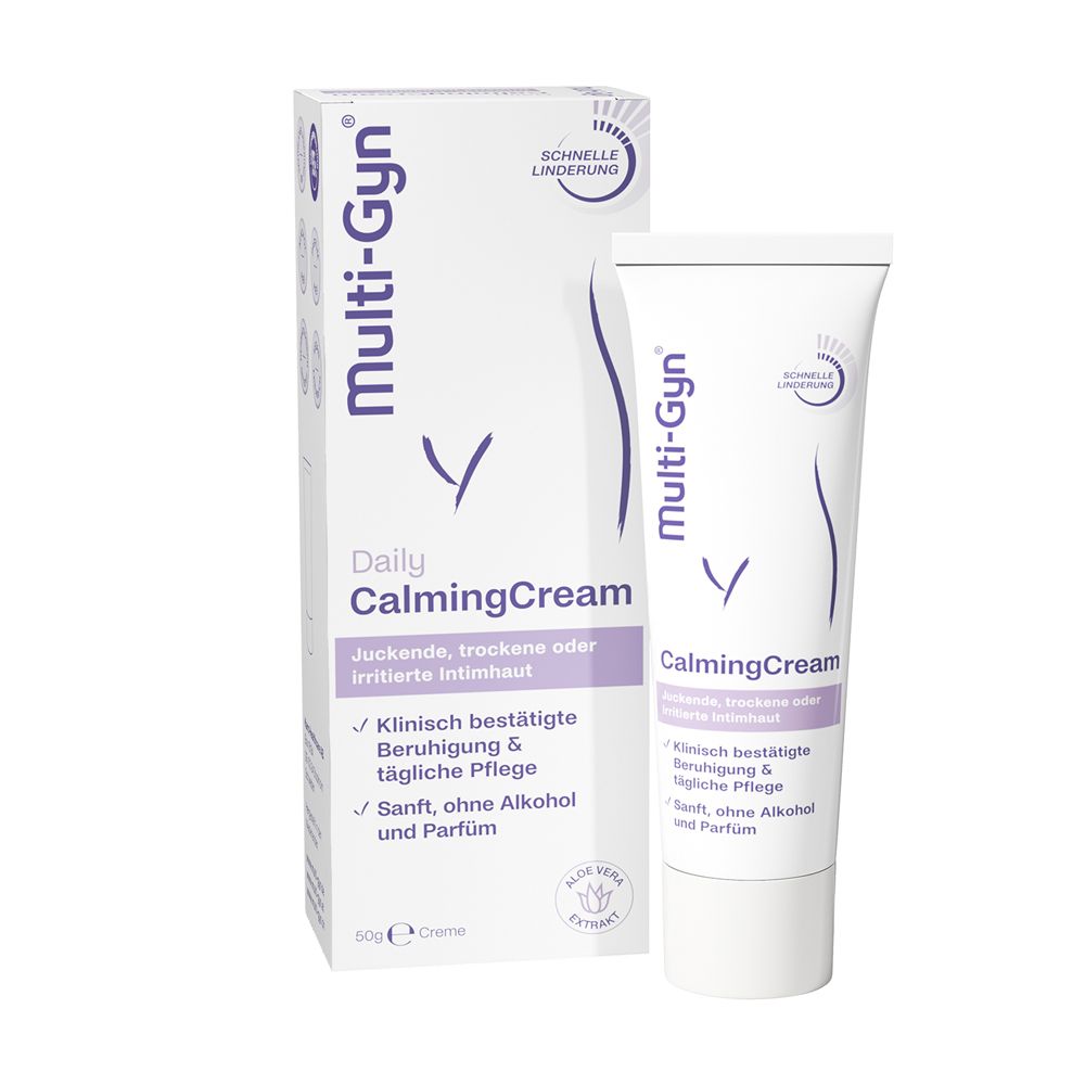 Emballage de Multi-Gyn CalmingCream. Blanc avec des accents violets. Texte : Apaise et protège, pour peaux irritées.