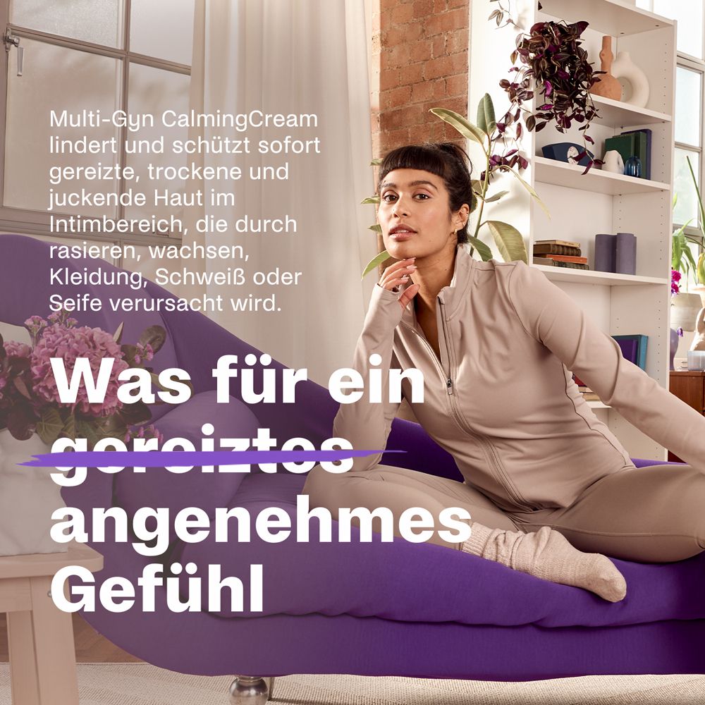 Tube Multi-Gyn CalmingCream. Blanc avec texte violet. Texte : Apaise et protège. Testé cliniquement. Sur fond violet.
