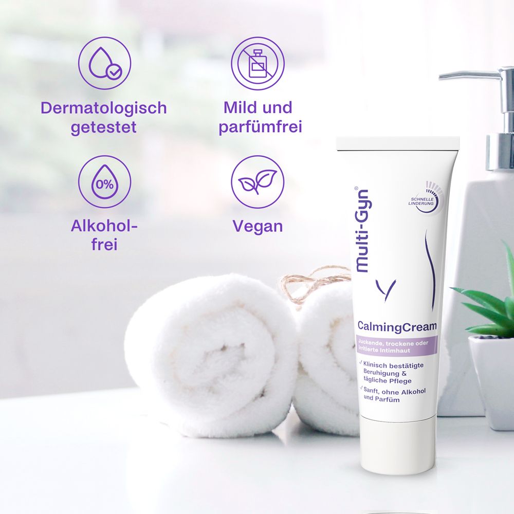 Tube et emballage Multi-Gyn CalmingCream. Blanc avec texte violet. Texte : Apaise et protège. 93% de satisfaction.