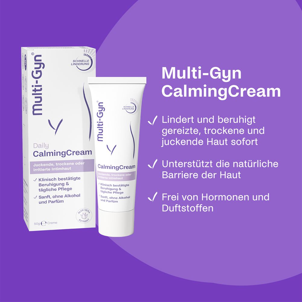 Femme en haut orange. Texte : Quelle sensation de fraîcheur. Multi-Gyn Calming Cream soulage l'inconfort.