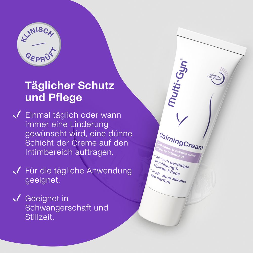 Divers produits Multi-Gyn. Emballages blancs et violets. Produits : FemiWash, ActiGel, FloraPlus, LiquiGel, CalmingCream.