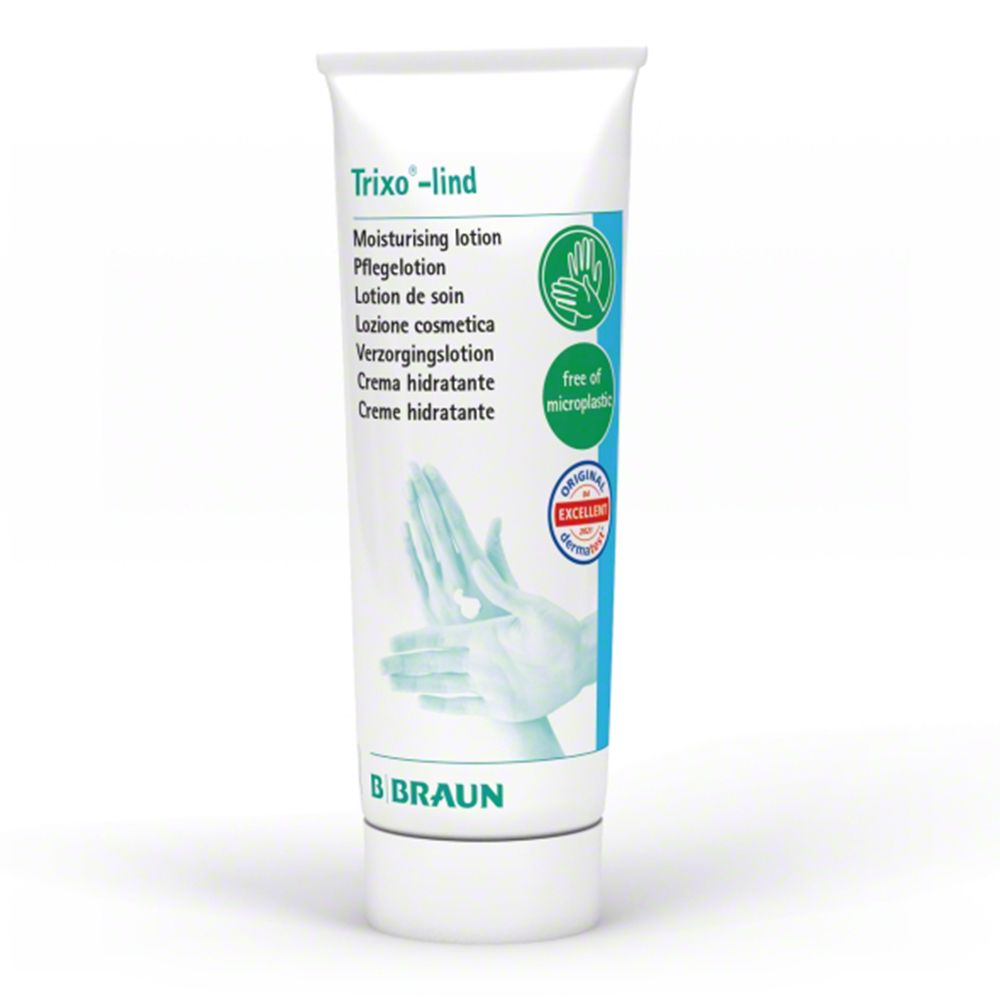 Tube blanc avec nom du produit et logo. Texte multilingue. Label dermatest.