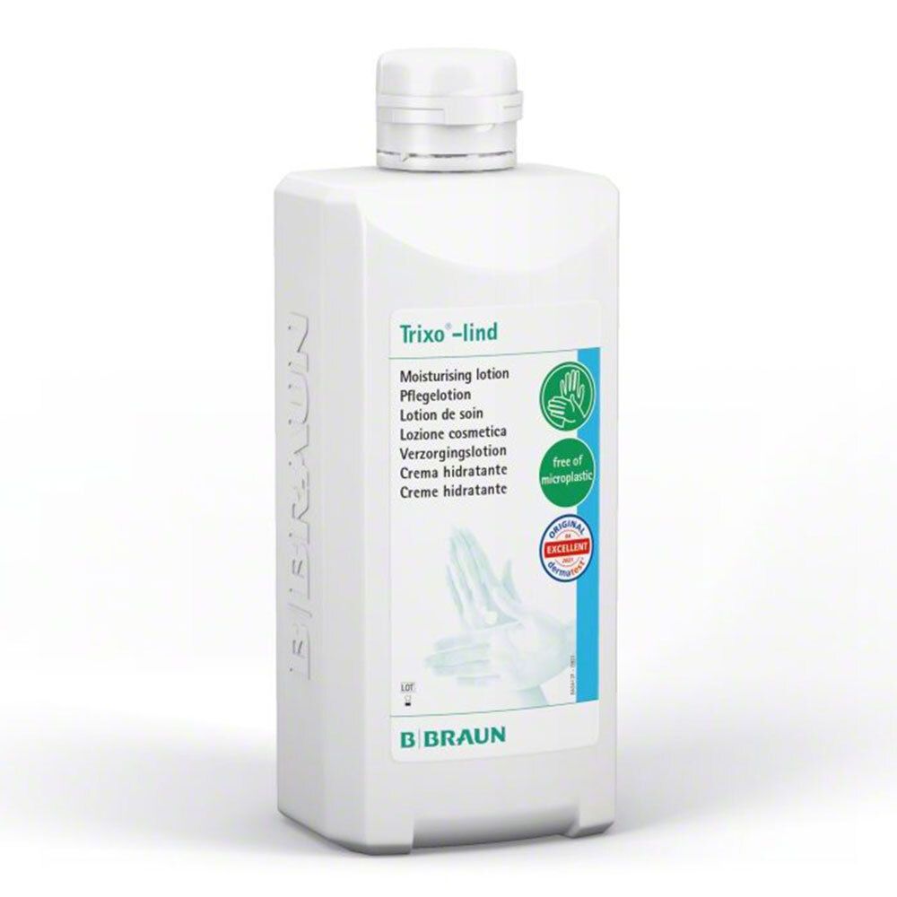 Flacon blanc "Trixo-lind". Lotion hydratante. Logo "B. Braun". Sans microplastiques. Certifié.