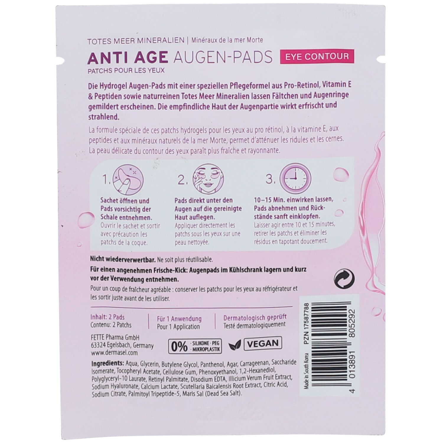 Dos de l'emballage avec informations sur le produit et mode d'emploi. Texte : Anti Age Augen-Pads.