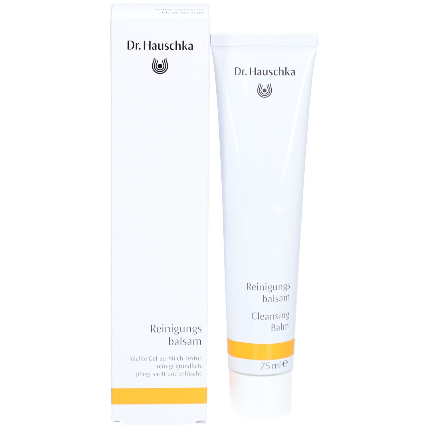 Produit et emballage. Tube et boîte blancs. Inscription: Dr. Hauschka, Reinigungsbalsam, Cleansing Balm. 75 ml.