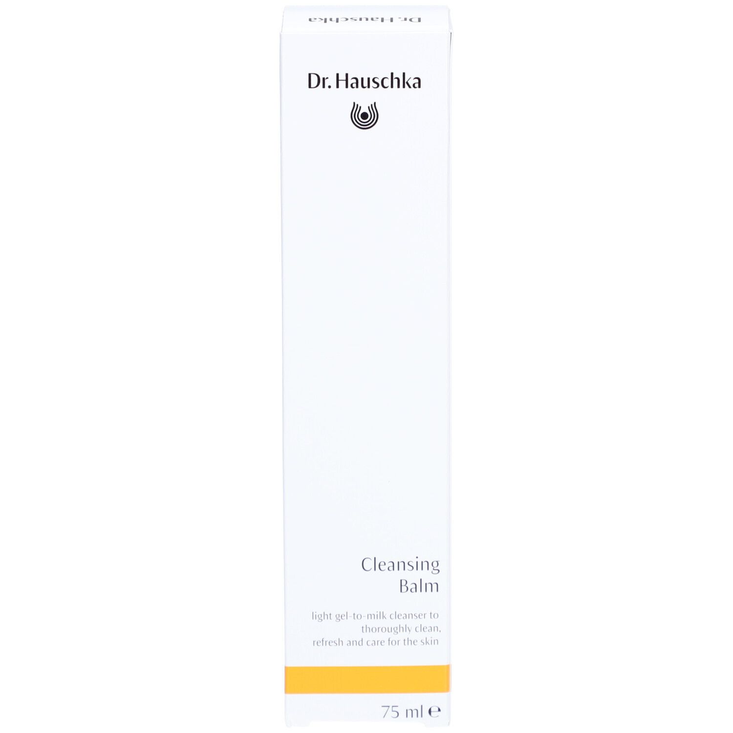 Boîte blanche avec bande jaune. Inscription: Dr. Hauschka, Cleansing Balm. Texte en anglais.