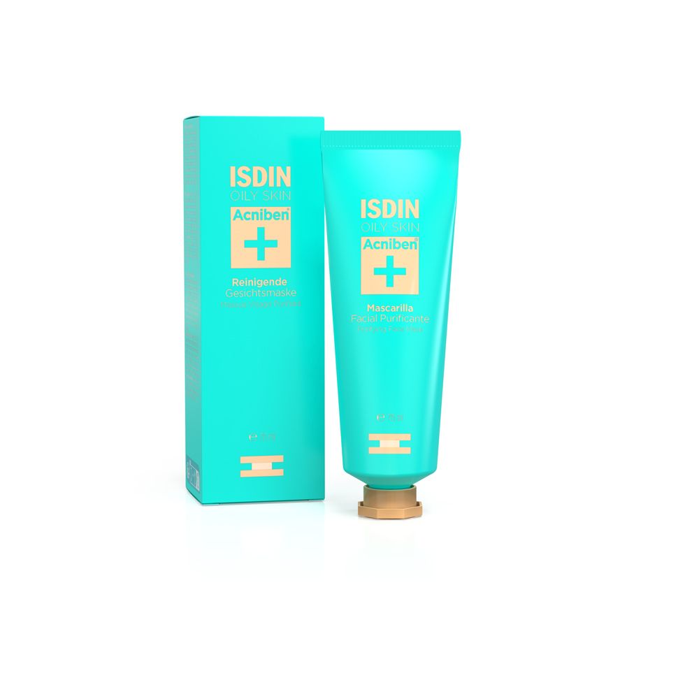 ISDIN ACNIBEN masque et emballage. Tube et boîte turquoise avec logo et nom du produit. Sur fond blanc.
