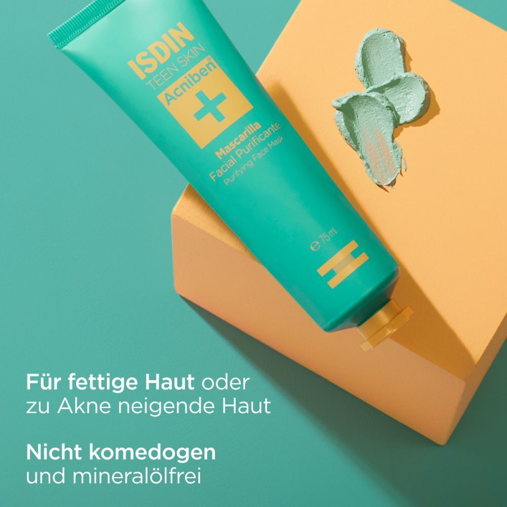 Masque ISDIN ACNIBEN sur fond jaune et turquoise. Texte : Pour peaux grasses ou à tendance acnéique.