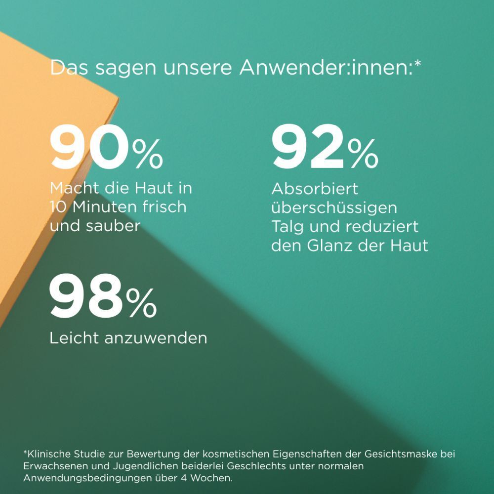 Graphique avec texte : 90% rend la peau fraîche et propre en 10 minutes, 92% absorbe l'excès de sébum, 98% facile à utiliser.