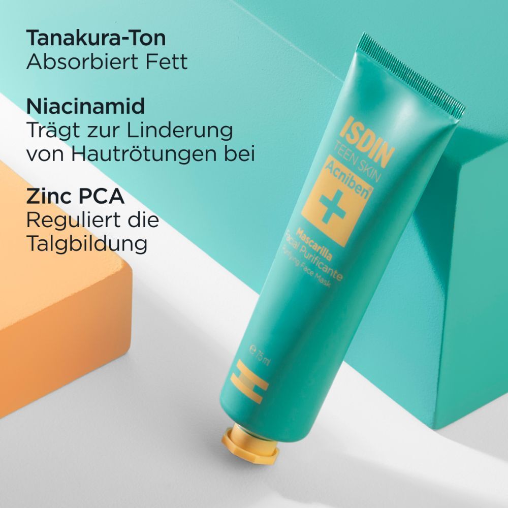 Masque ISDIN ACNIBEN sur fond turquoise. Texte : Argile Tanakura absorbe la graisse, Niacinamide, Zinc PCA.