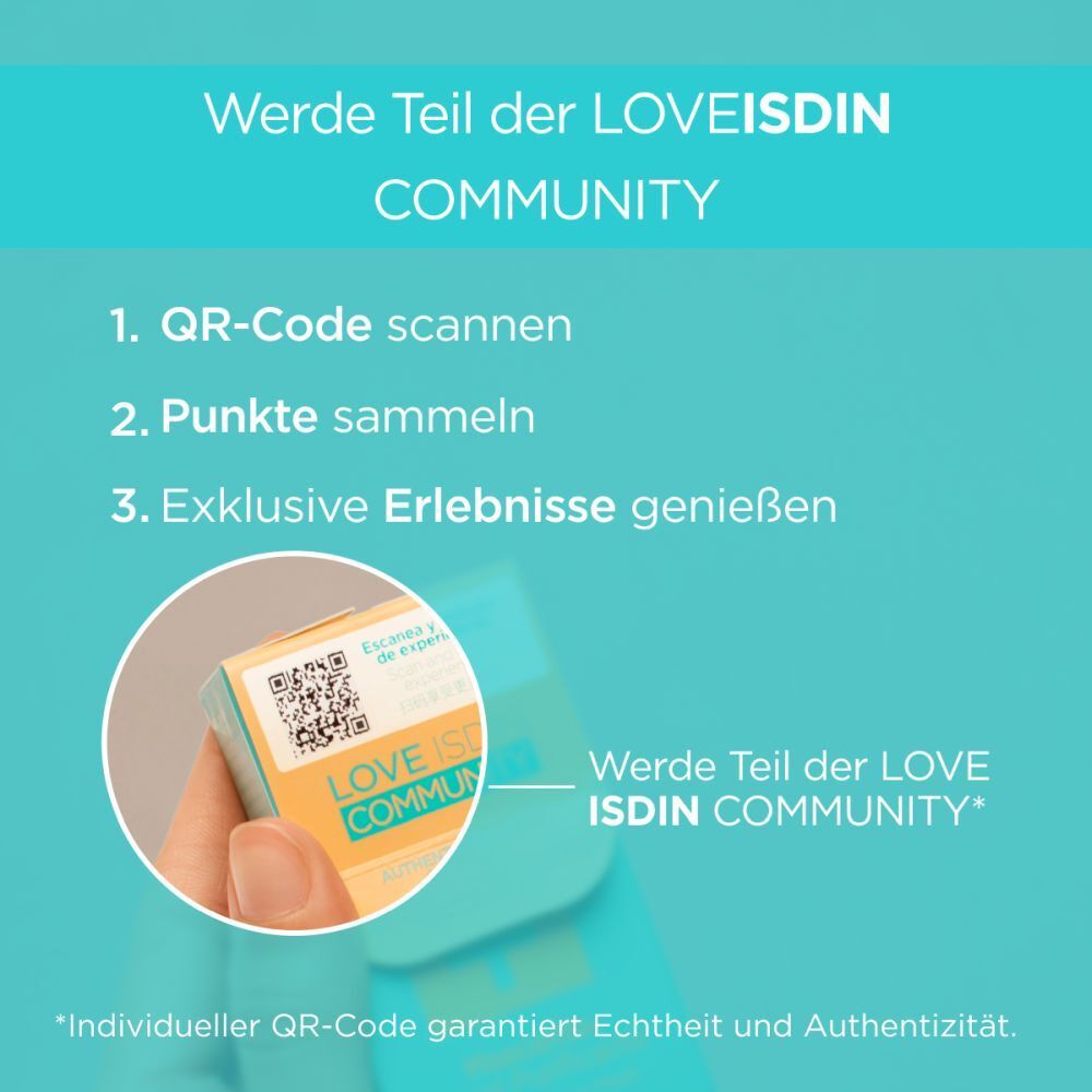 Main tenant une boîte avec un code QR. Texte : Rejoignez la communauté LOVEISDIN.