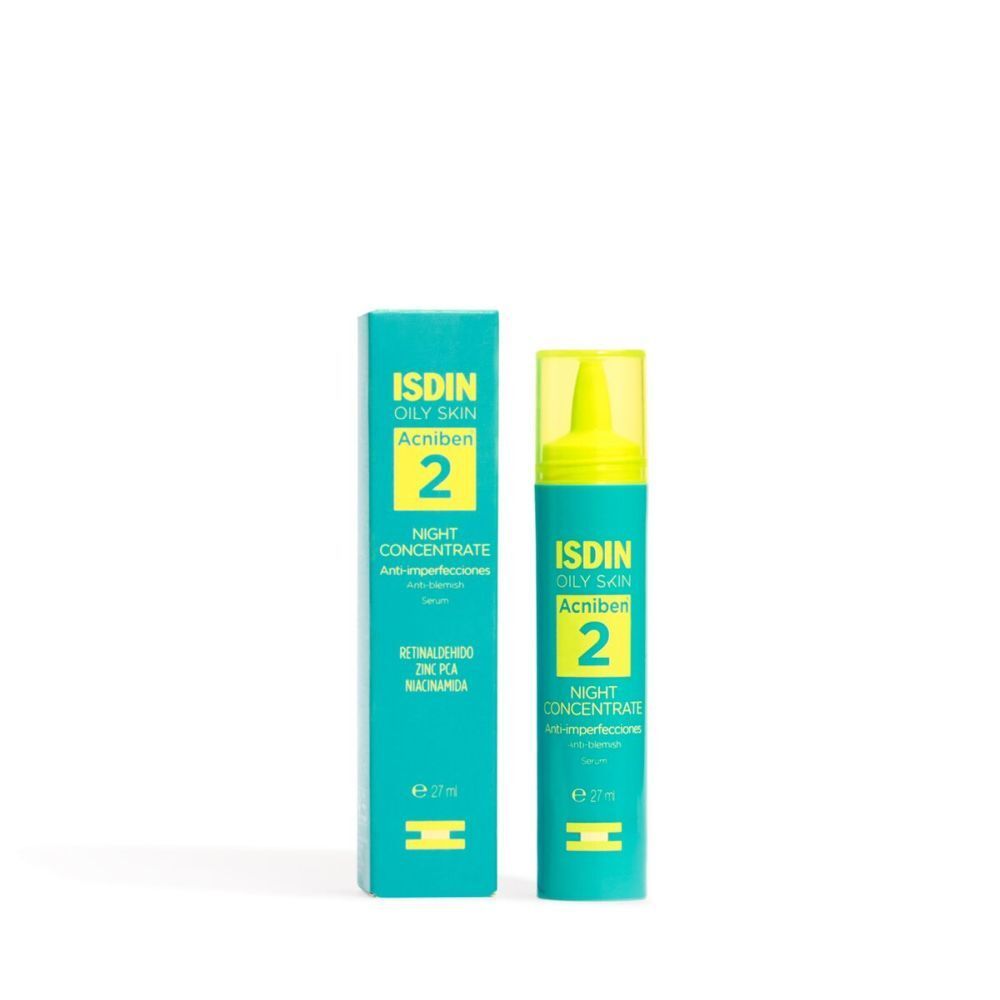 Flacon et boîte turquoise. Inscription : ISDIN, ACNIBEN 2, Night Concentrate. Bouchon jaune.