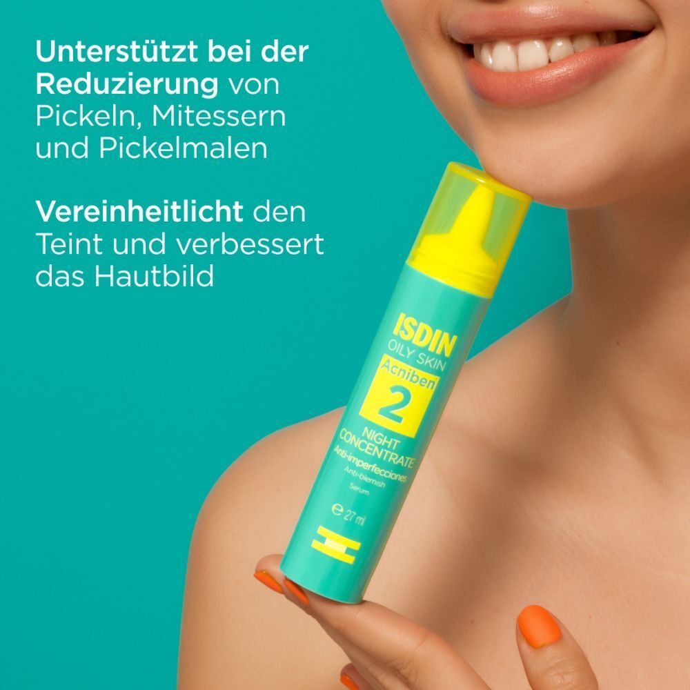 Flacon turquoise avec bouchon jaune. Inscription : ISDIN, ACNIBEN 2, Night Concentrate. Personne souriante.