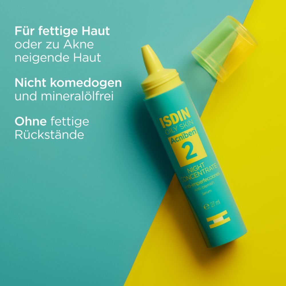 Flacon turquoise avec bouchon jaune. Inscription : ISDIN, ACNIBEN 2, Night Concentrate. Sur fond jaune-turquoise.