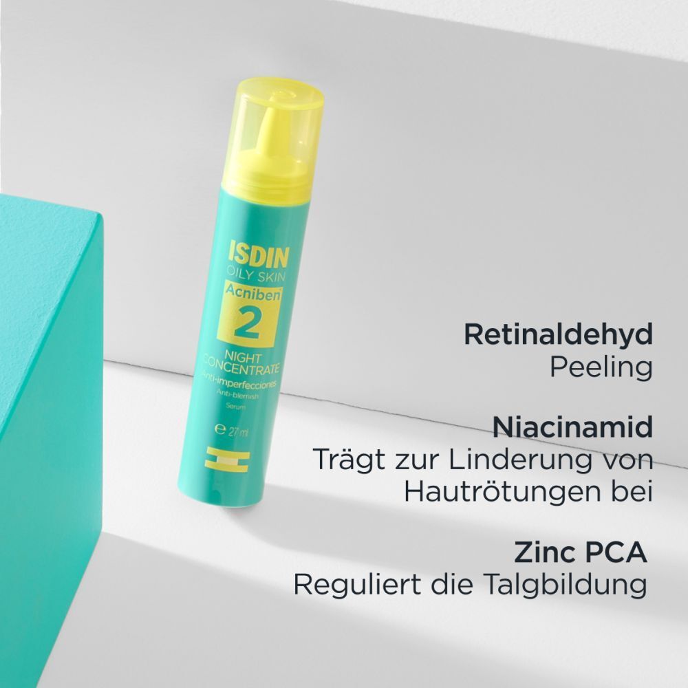 Flacon turquoise avec bouchon jaune. Inscription : ISDIN, ACNIBEN 2, Night Concentrate. Texte : Rétinaldéhyde, Niacinamide, Zinc PCA.