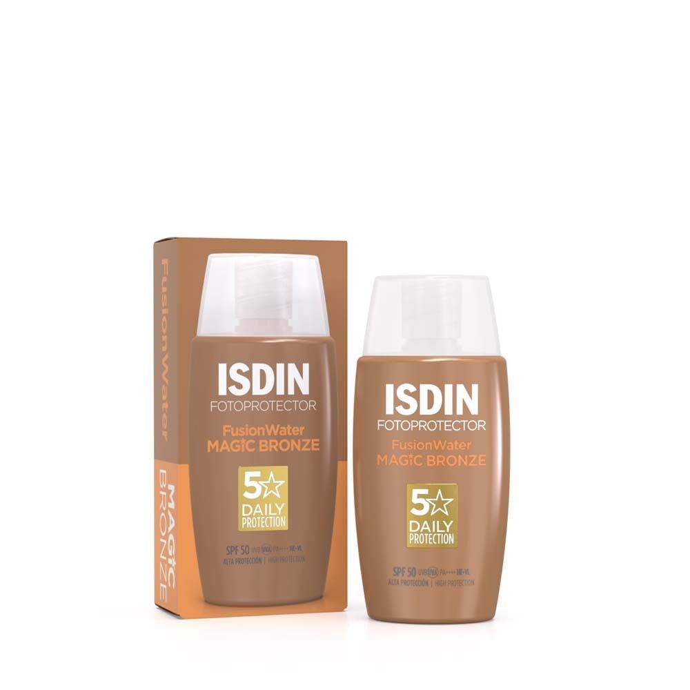 ISDIN Fusion Water Magic Bronze. Écran solaire teinté. Flacon et emballage.