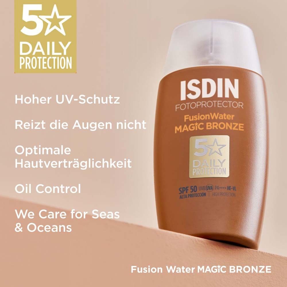 ISDIN Fusion Water Magic Bronze. Flacon avec texte : 5 Daily Protection, SPF 50.