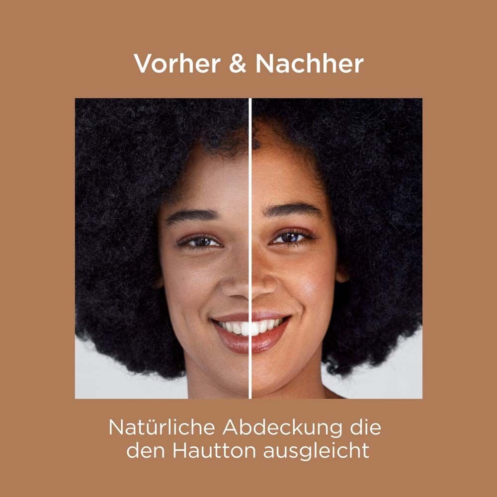 Comparaison avant-après. Femme avec et sans crème solaire teintée. Texte : Couvrance naturelle.