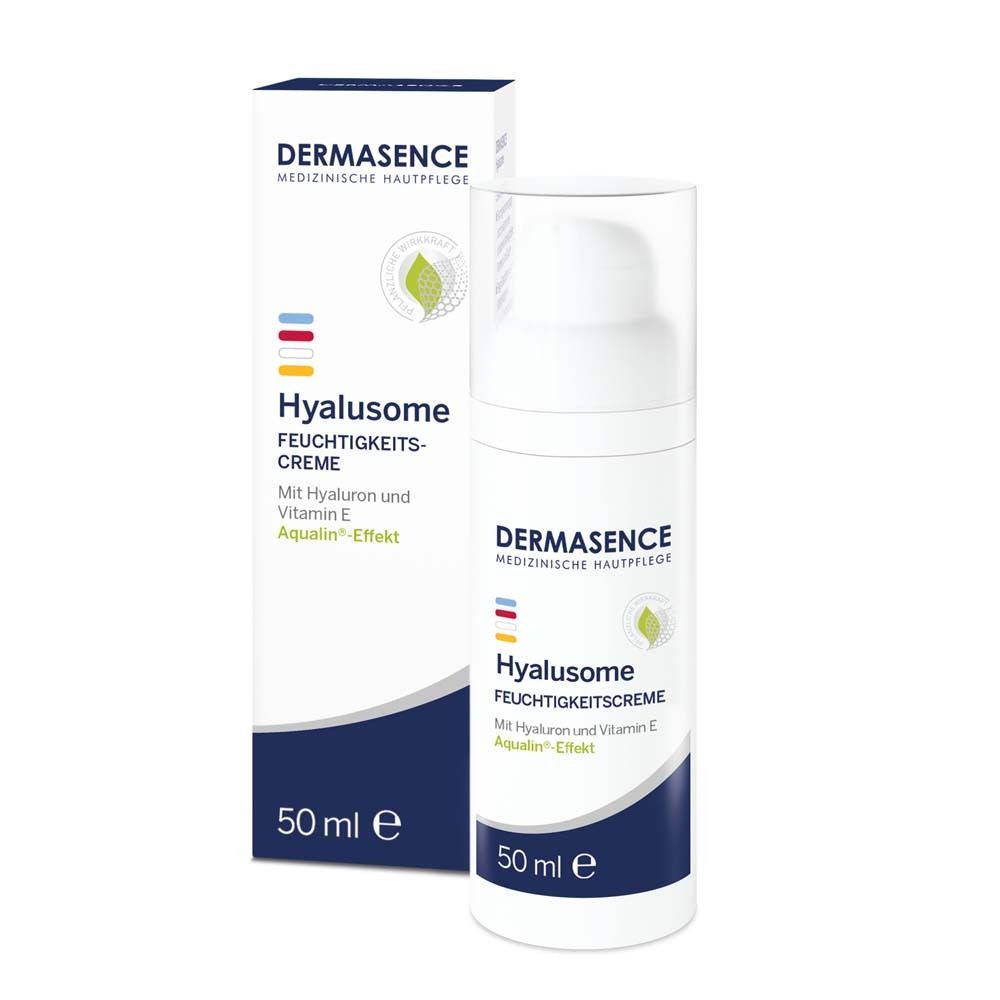 DERMASENCE Hyalusome Crème hydratante, flacon et emballage. 50 ml. Avec acide hyaluronique et vitamine E.
