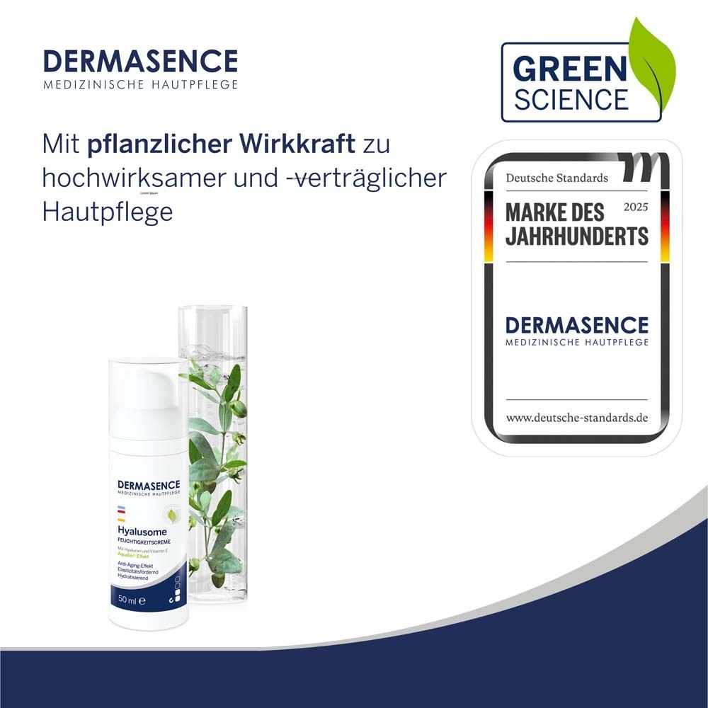 Produit DERMASENCE avec certification. Marque du siècle 2025. Label vert. Avec pouvoir végétal.