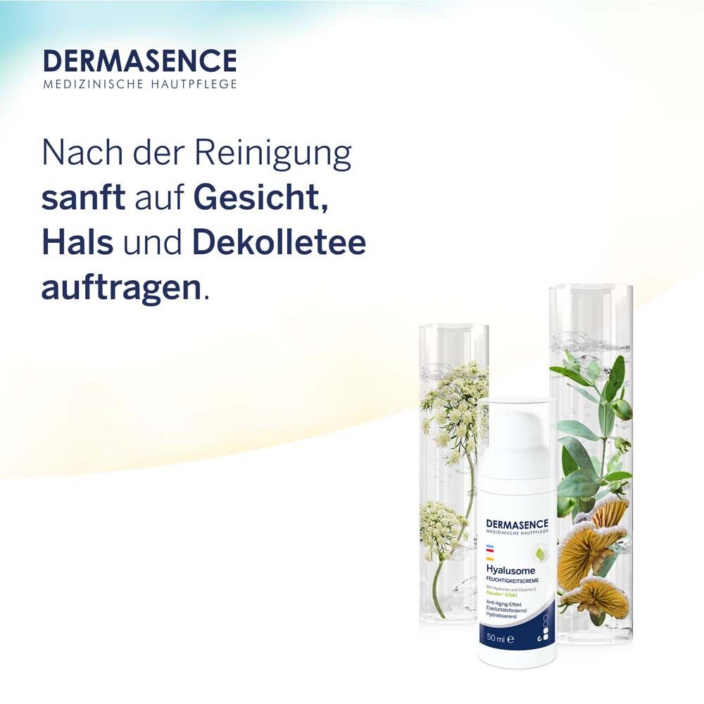Produit et plantes dans des récipients en verre. Application : après le nettoyage, appliquer sur le visage, le cou et le décolleté.