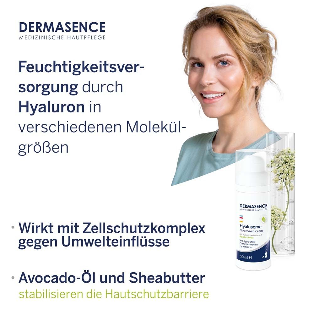 Femme appliquant de la crème. Hydrate la peau avec de l'acide hyaluronique. Prévient la perte d'élasticité et la formation de rides.