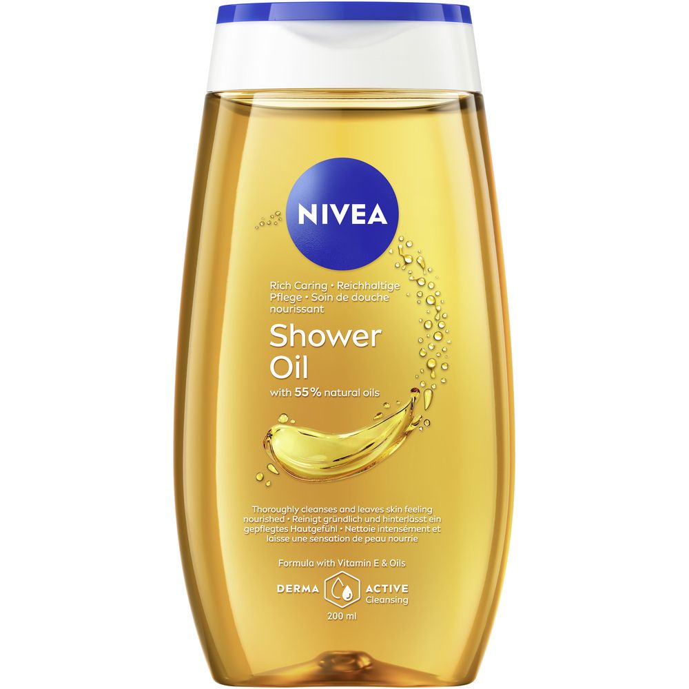 NIVEA Huile de douche soin avec 55% d'huiles naturelles et vitamine E. Liquide jaune dans une bouteille transparente.