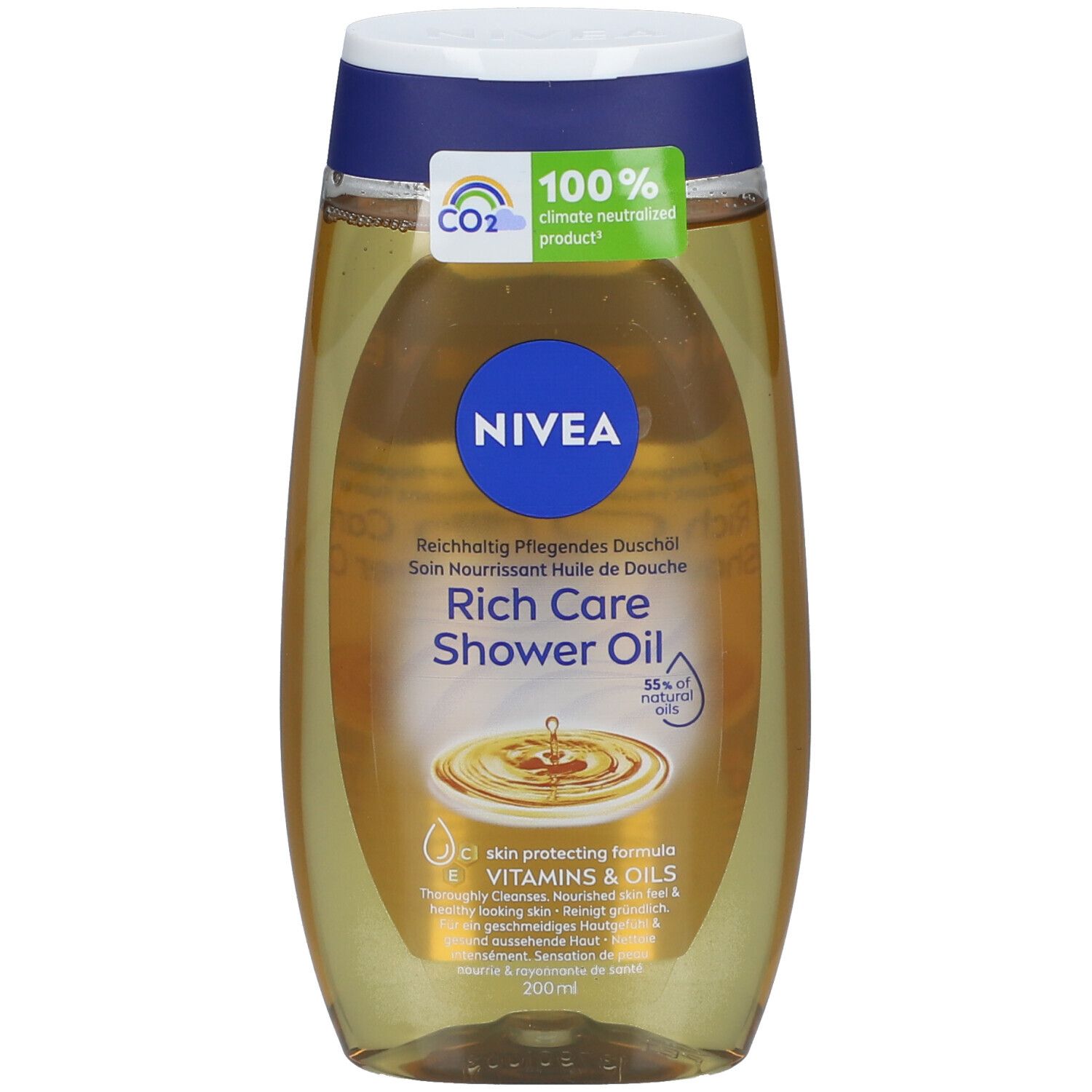 Flacon d'huile de douche NIVEA, bleu-blanc-or, avec nom et logo du produit. Produit 100% neutre pour le climat.