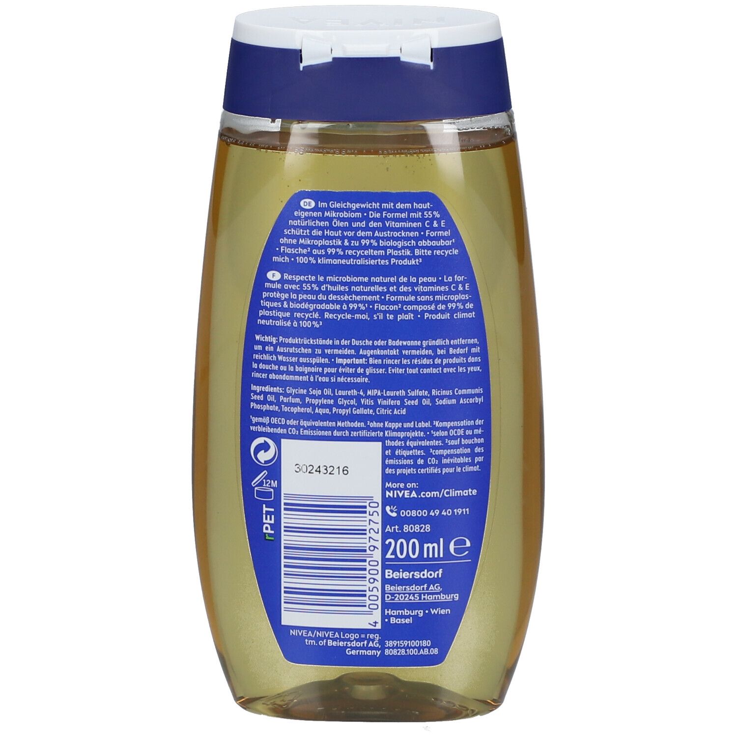 Dos du flacon d'huile de douche NIVEA avec informations produit, ingrédients et logo. 200ml.